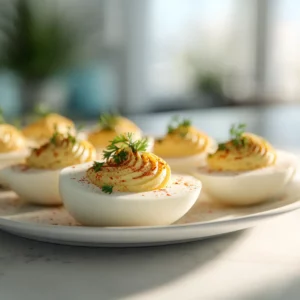 Classic Southern deviled eggs with paprika garnish on a modern serving tray.
