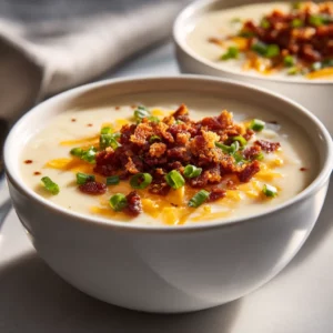 Creamy potato soup with cheddar and beef bacon, served hot in 30 minutes.