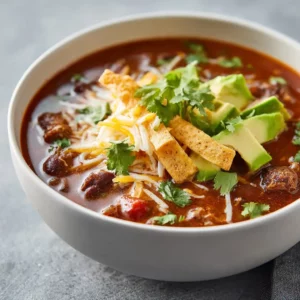Easy taco soup with chicken, avocado, and tortilla strips in a clean bowl.