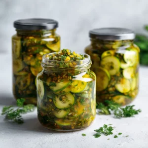 Sweet zucchini pickles in jars with golden brine and fresh dill garnish.