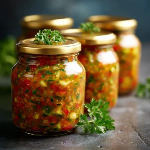 Fresh zucchini relish in canning jars, colorful peppers mixed in, soft natural light.