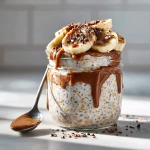 Overnight oats jar with fresh berries and chia seeds on top.