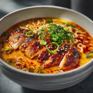 Creamy garlic chicken ramen with spinach and chili garnish.