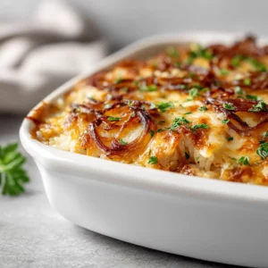 Cheesy French Onion Chicken Rice Bake with golden topping