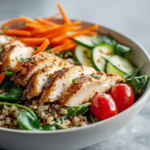 Chicken salad bowl with quinoa and Mediterranean toppings.