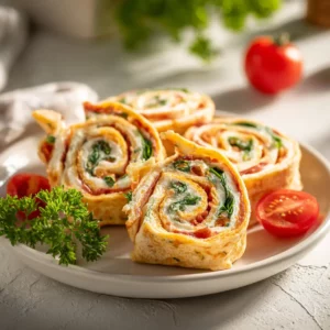 Vegetarian tortilla roll ups with colorful veggie filling on a party platter.