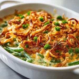Fresh green bean casserole with cheddar and Parmesan topping baked until golden.