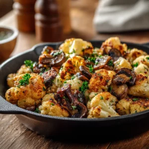 Garlic mushroom cauliflower skillet cooked golden and served in black pan