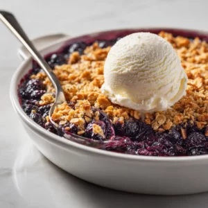 Golden Huckleberry Crisp served with vanilla ice cream in a white bowl, close-up view with golden topping.