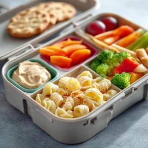 Bright kids’ lunchbox with pasta salad, hummus, crackers, and fruit.