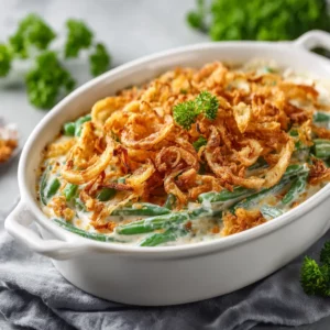 Creamy green bean casserole baked with cheddar cheese and crispy onions