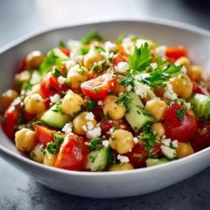 Fresh chickpea cucumber salad with feta and tomatoes in a bright serving bowl
