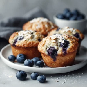 Healthy blueberry protein muffins stacked on a plate with fresh berries.