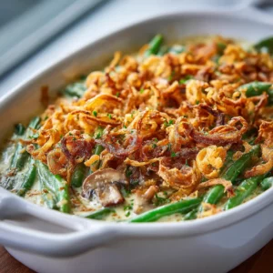 Creamy green bean casserole with crispy onion topping baked golden brown in a white dish.