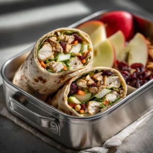 Colorful tortilla wraps with fresh veggies and apples in a divided lunch container
