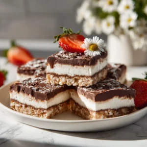 Close-up of peanut butter no bake cookie dough bars, topped with chocolate drizzle, vegan and gluten-free.