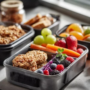 Healthy back-to-school lunchbox with granola and fruit pouches.
