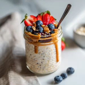 High-protein chocolate overnight oats topped with cacao nibs and banana slices.