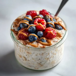 Creamy chocolate overnight oats in a glass jar with banana slices and cocoa topping.