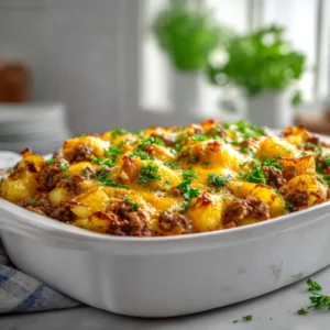 Cheesy hobo casserole with ground beef and golden potatoes fresh from the oven