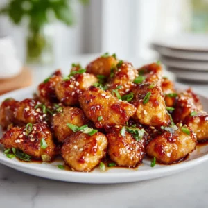 Juicy honey garlic chicken bites coated in glossy sauce, served with noodles.