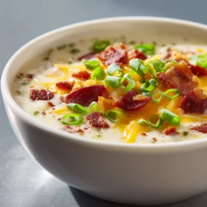 Creamy potato soup variation with broccoli and cheese served hot in a bowl.