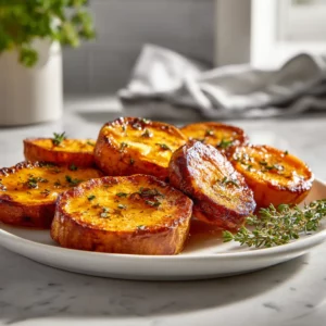 Crispy melting sweet potatoes glazed with butter and herbs on a white plate.