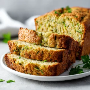 Lemon zucchini bread loaf with glaze drizzled on top, fresh lemon slices as garnish