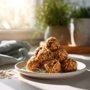 Chewy peanut butter oatmeal energy bites rolled in coconut flakes.