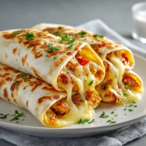Golden garlic chicken wrap stuffed with mozzarella and cheddar cheese, sliced and served hot.