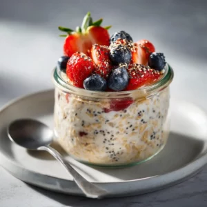 Creamy overnight oats with chia seeds topped with fresh berries in a clear glass jar.