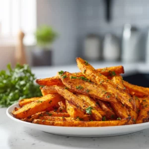 Golden sweet potato fries baked until crispy with smoky seasoning.