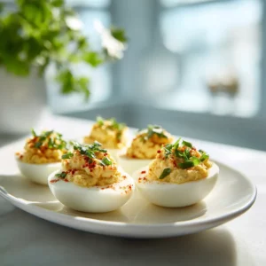 Classic deviled eggs topped with paprika on a white serving dish