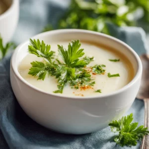Creamy vegan potato leek soup served in a modern white bowl with fresh parsley garnish.