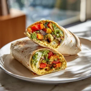 A hummus wrap with roasted zucchini and peppers in a tortilla.