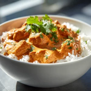 Creamy butter chicken with rice and naan bread ready to serve.