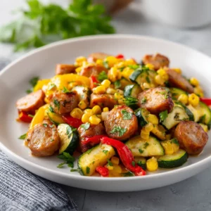 Colorful chicken sausage skillet with zucchini, peppers, and corn, served with fresh parsley garnish