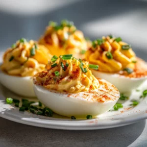 Deviled eggs topped with beef bacon crumbles on a modern platter.
