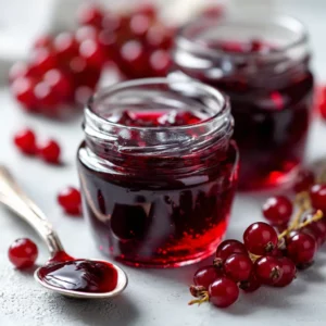 Bright red huckleberry jelly jar with spoonful on toast, glossy finish.