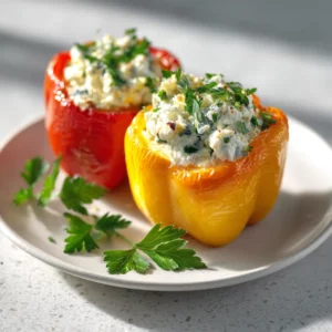 Mini ricotta stuffed snacking peppers on a platter with herbs
