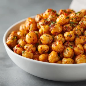 Sweet roasted chickpeas coated with cinnamon sugar in a white bowl.