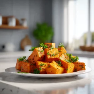 Roasted sweet potatoes with spicy salsa and lime wedges