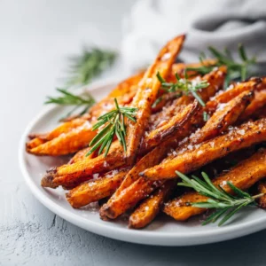 Crispy rosemary roasted sweet potato fries with parmesan cheese sprinkled on top.