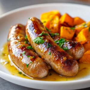 Roasted chicken sausage with sweet potatoes and Brussels sprouts in honey garlic sauce.
