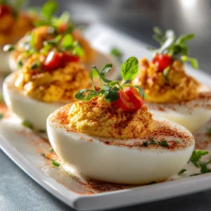 Southern deviled eggs topped with jalapeños and paprika for a spicy kick