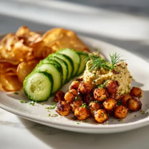 Plate of cucumber hummus bites with paprika sprinkled popcorn on the side
