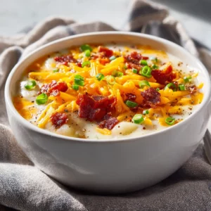 Creamy potato soup topped with crispy beef bacon, cheese, and green onions in a white bowl.