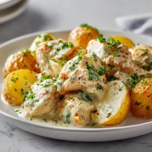 Creamy garlic Parmesan chicken slow cooked with tender potatoes and parsley garnish.