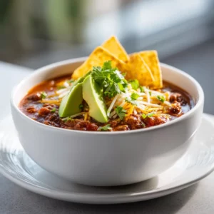 Slow cooker taco soup topped with cheese and tortilla chips in a bright bowl.