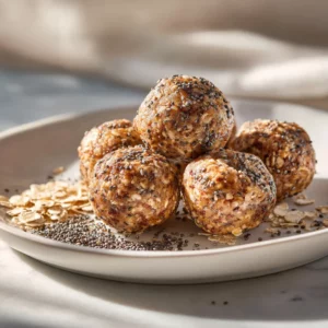 Peanut butter energy balls with chocolate chips on parchment paper.